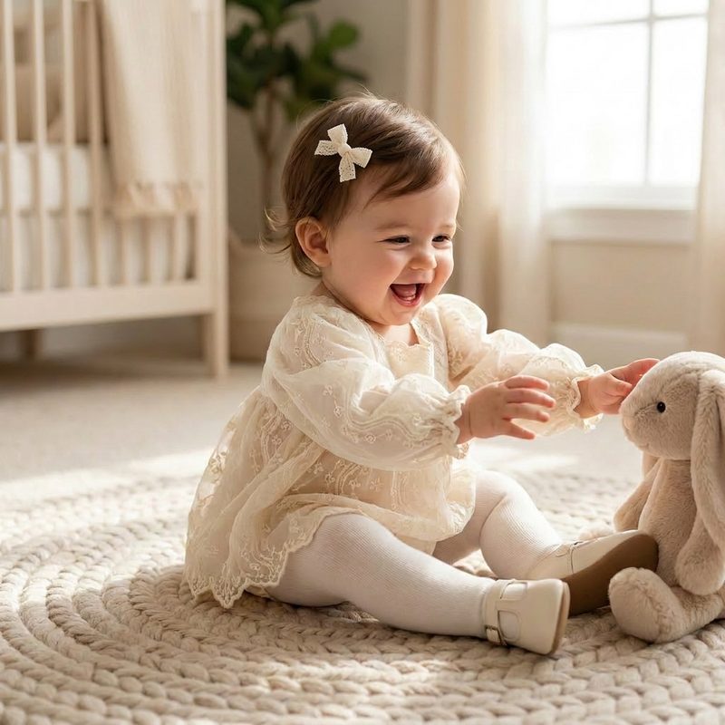 A laughing baby girl wearing a small hair bow, a long-sleeve ivory lace romper, white tights, and cream shoes, sitting on a braided nursery rug and reaching for a stuffed bunny.