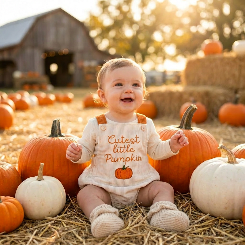 Smiling baby wearing a beige "Cutest little Pumpkin" corduroy romper sitting in a fall pumpkin patch surrounded by pumpkins.