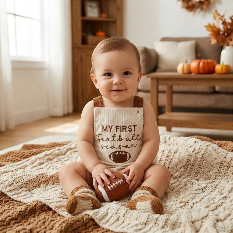 A smiling infant baby sitting on a cozy blanket indoors wearing the kidsely embroidered football bubble romper while holding a miniature football toy.