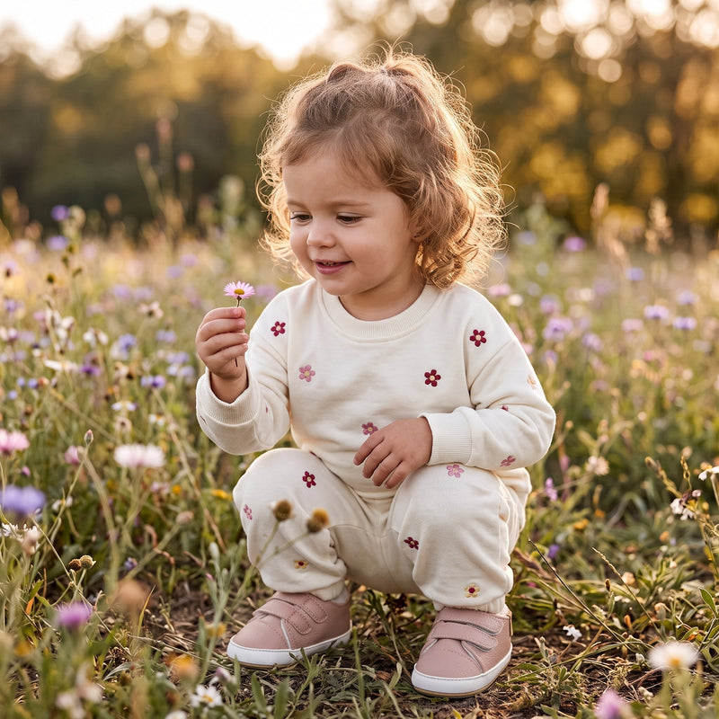 Lifestyle photograph of a smiling toddler girl crouching in a field of wildflowers wearing a cream-colored two-piece sweatshirt and pants set with floral embroidery.