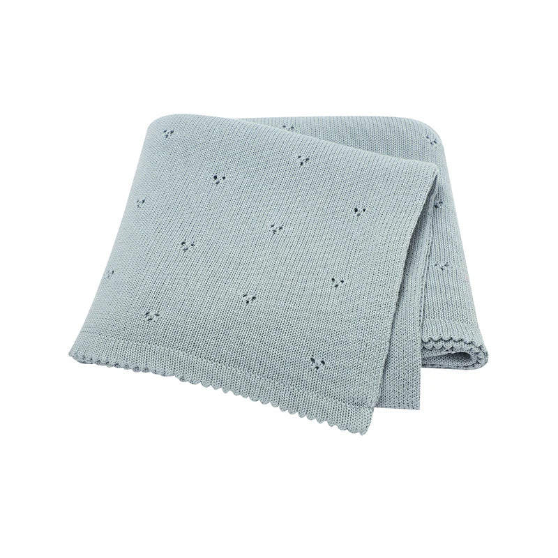 Sky Blue 100% cotton knit stroller blanket with a classic pointelle stitch design.