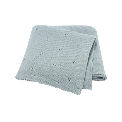 Sky Blue 100% cotton knit stroller blanket with a classic pointelle stitch design.