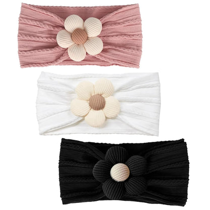 3-pack baby girl headbands in white, dusty rose, and black with ivory 3D floral accents