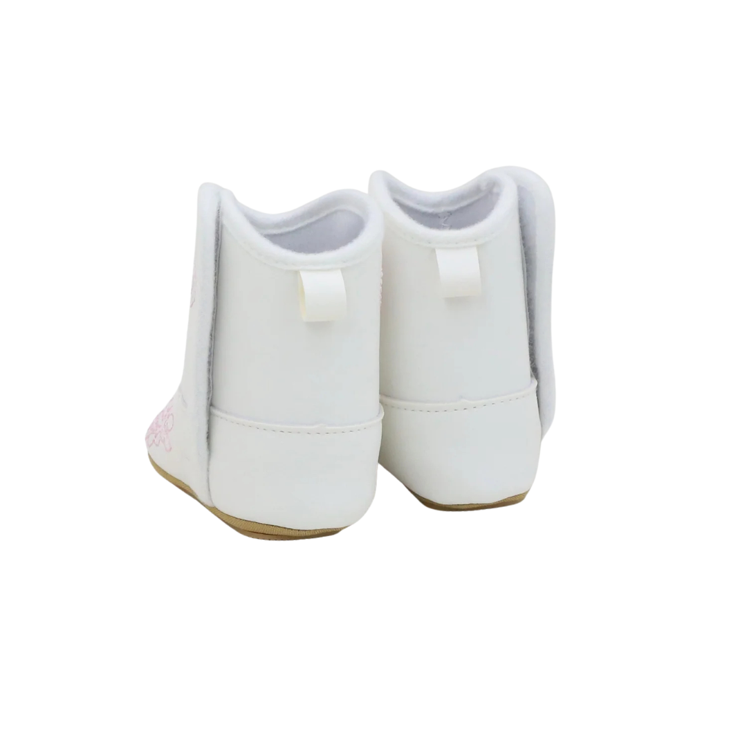 Infant Baby Girl White Western Cowgirl Boots with Pink Embroidery & Anti-Slip Sole (0-18M)