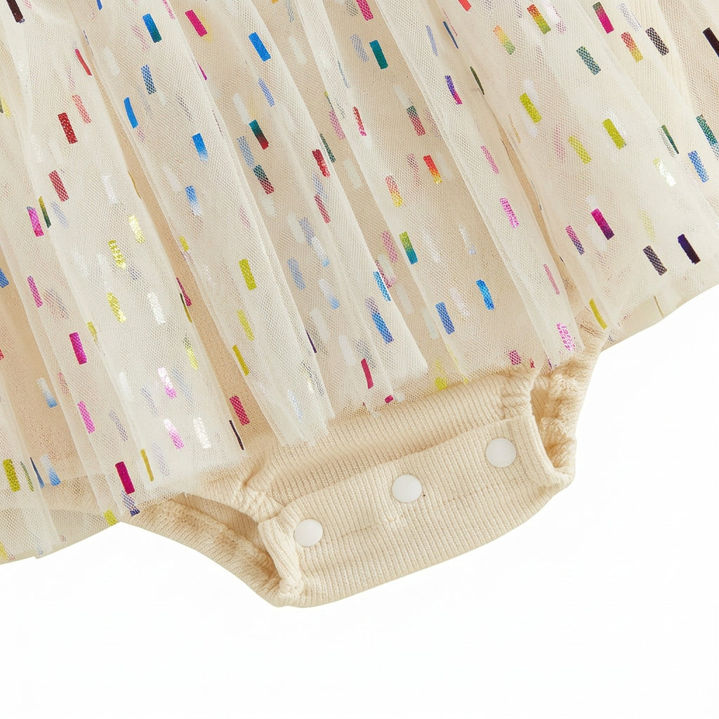 Baby Girl 1st Birthday Cupcake Embroidered Tutu Romper Dress - Long Sleeve Confetti Tulle Bodysuit (6-18M)