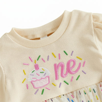 Baby Girl 1st Birthday Cupcake Embroidered Tutu Romper Dress - Long Sleeve Confetti Tulle Bodysuit (6-18M)