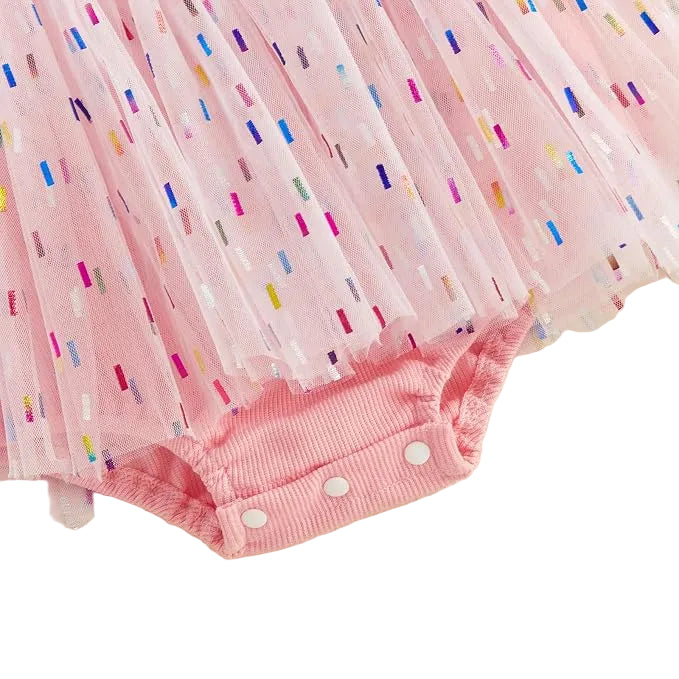 Baby Girl 1st Birthday Cupcake Embroidered Tutu Romper Dress - Long Sleeve Confetti Tulle Bodysuit (6-18M)