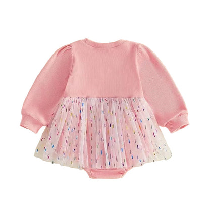 Baby Girl 1st Birthday Cupcake Embroidered Tutu Romper Dress - Long Sleeve Confetti Tulle Bodysuit (6-18M)