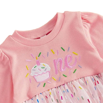 Baby Girl 1st Birthday Cupcake Embroidered Tutu Romper Dress - Long Sleeve Confetti Tulle Bodysuit (6-18M)
