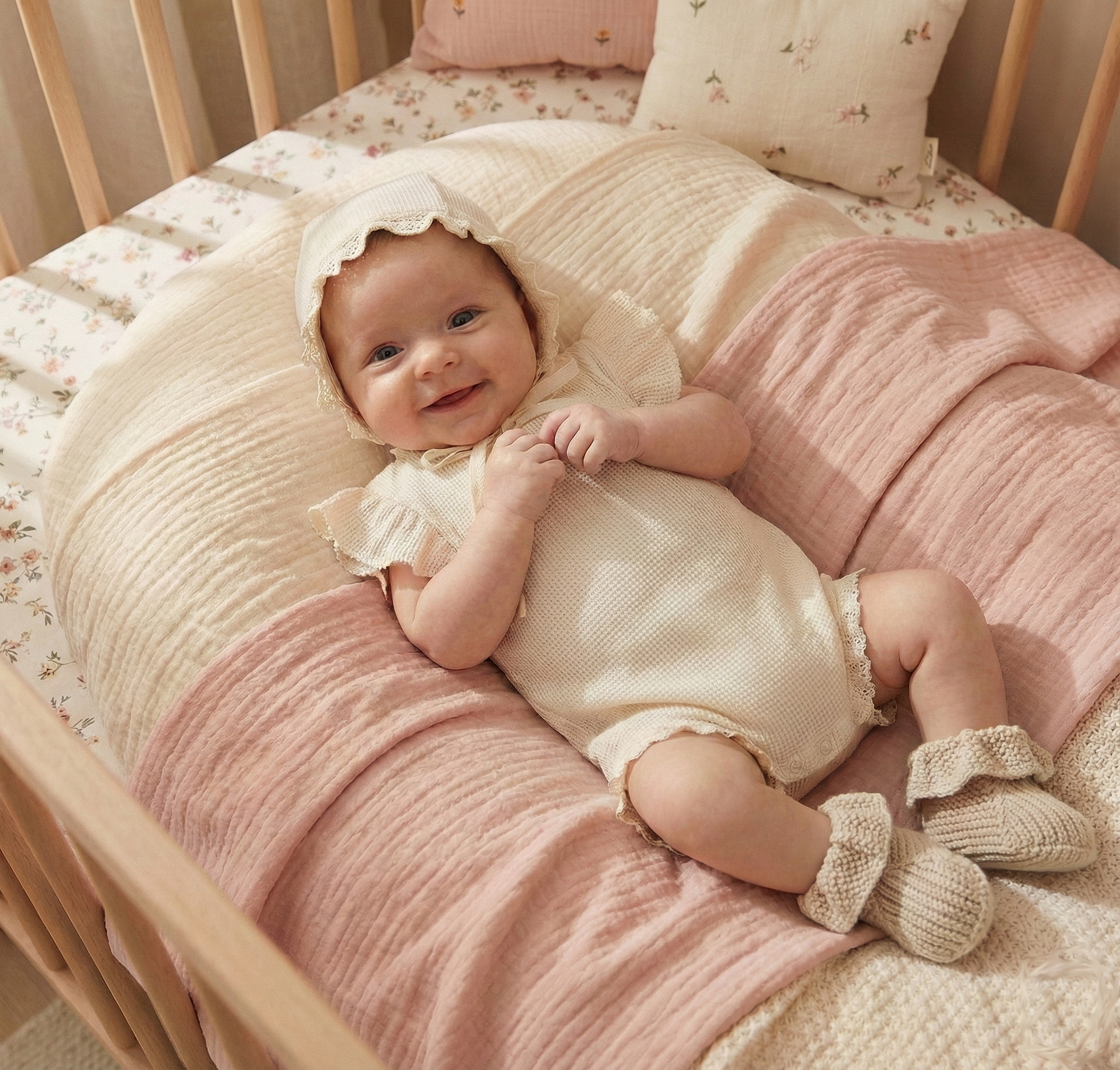 Baby girl in a crib wearing waffle knit onesie with bonnet on pink bedding 