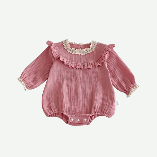 Baby Girl Pink Muslin Romper Lace Collar