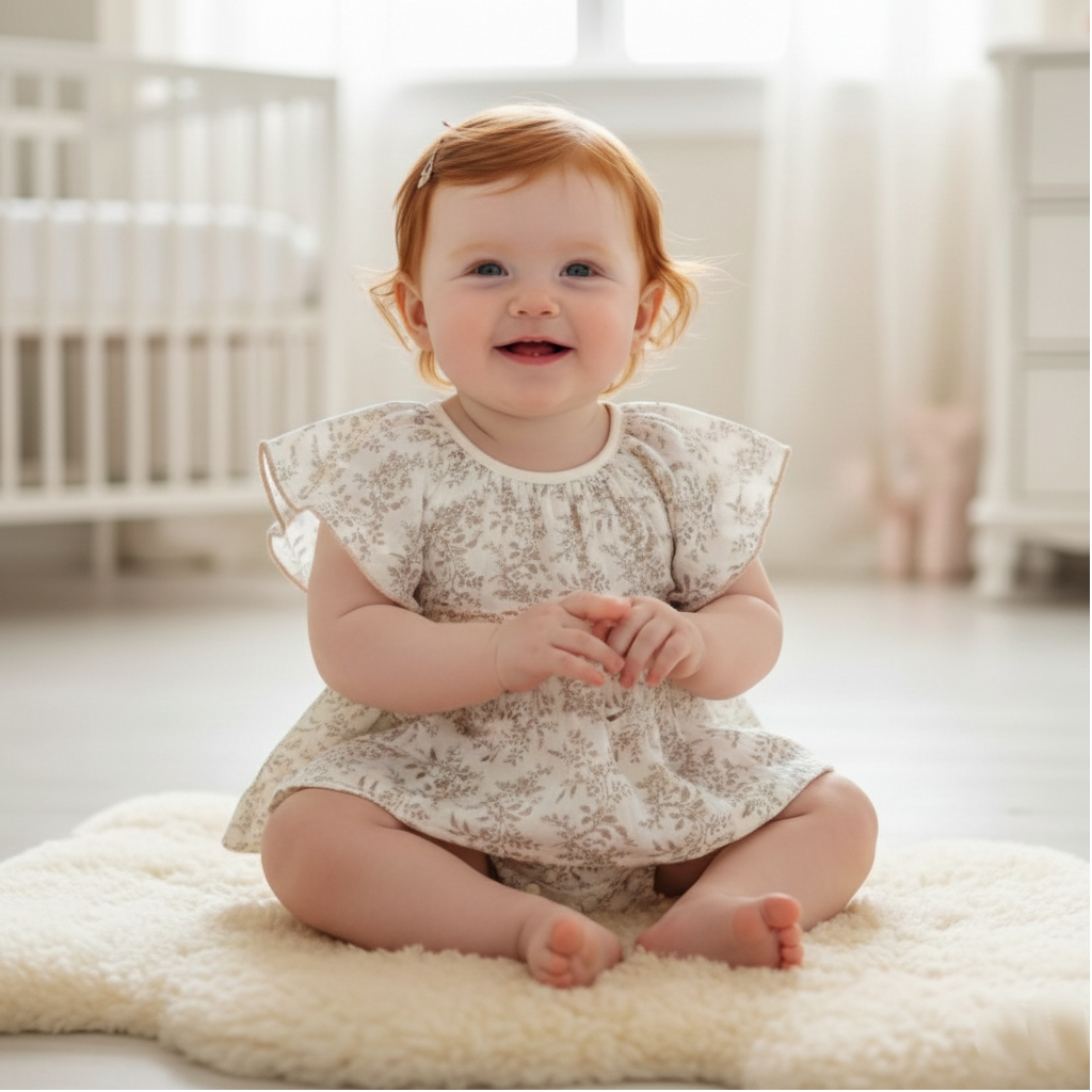 Vintage Sepia Floral Muslin Bubble Romper | Baby Girl Flutter Sleeve Top & Bloomers (3-24M)