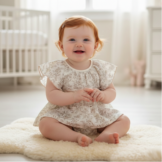 Vintage Sepia Floral Muslin Bubble Romper | Baby Girl Flutter Sleeve Top & Bloomers (3-24M)