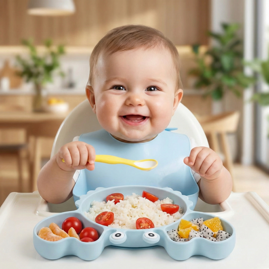 Baby sitting in a high chair with a bib, holding a spoon, and a tray with divided sections containing food.