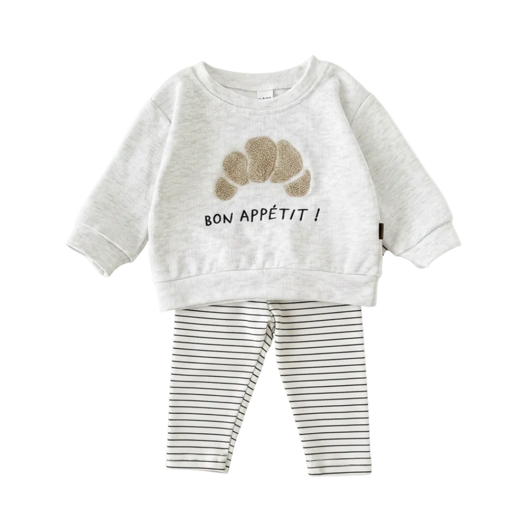 Bon Appétit Croissant Baby Set | French Style Cotton Top & Striped Leggings (6M-3T)