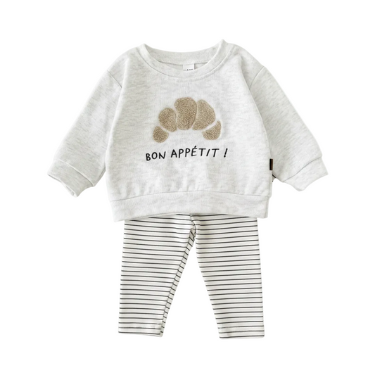 Bon Appétit Croissant Baby Set | French Style Cotton Top & Striped Leggings (6M-3T)