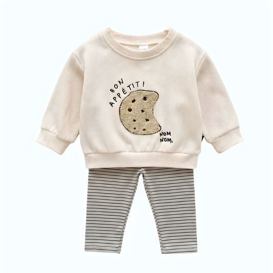 Unisex Bon Appetiti Cookie shirt with striped leggings gender neutral for babies and toddler