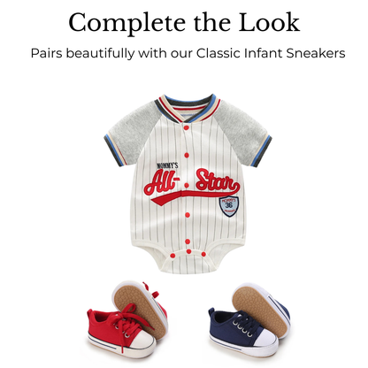 Mommy's All-Star Baseball Romper | Pinstripe Cotton Jersey - Red/White (0-18M)