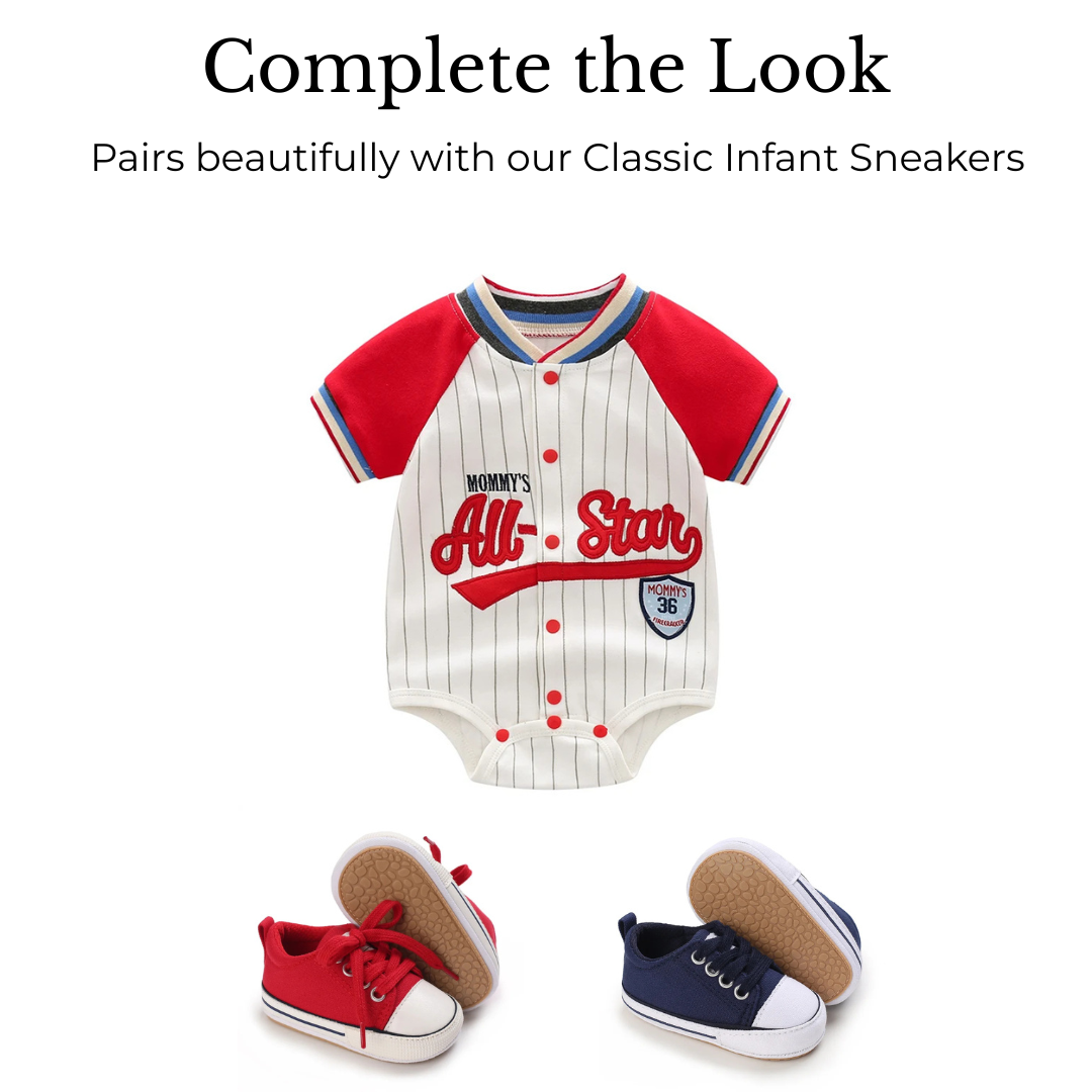 Mommy's All-Star Baseball Romper | Pinstripe Cotton Jersey - Red/White (0-18M)