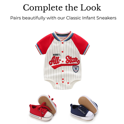 Mommy's All-Star Baseball Romper | Pinstripe Cotton Jersey - Red/White (0-18M)