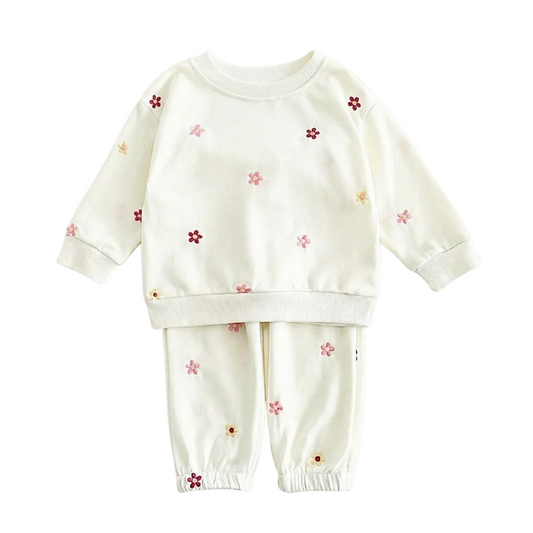 Baby Girls Floral Embroidered Outfit - Cotton Sweatshirt & Pants Set (6M-3T)