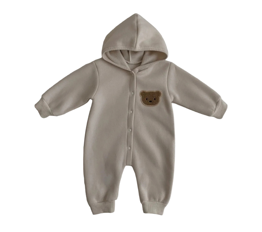 Cozy Bear Hooded Romper – Warm Cotton Blend Jumpsuit (0-18M)