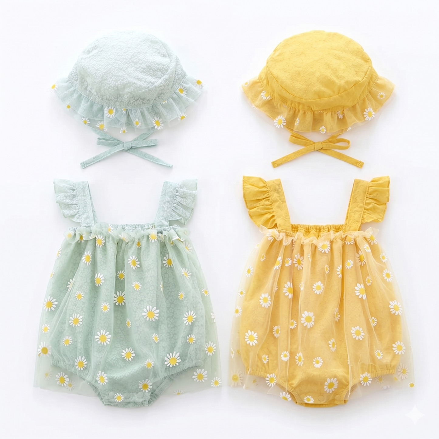 Baby Girl Daisy Floral Romper & Sun Hat Set - Cotton Mesh Fly Sleeve Summer Jumpsuit (3M-2T)