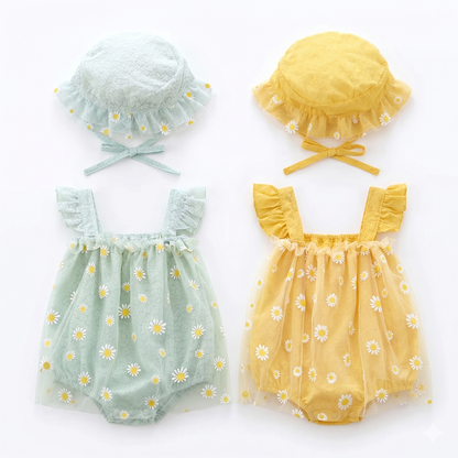 Baby Girl Daisy Floral Romper & Sun Hat Set - Cotton Mesh Fly Sleeve Summer Jumpsuit (3M-2T)