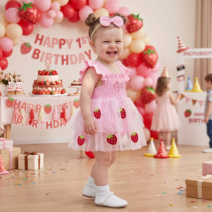 Baby Girl Pink Strawberry Tutu Romper Dress & Bow Headband 1st Birthday Outfit (6-18M)