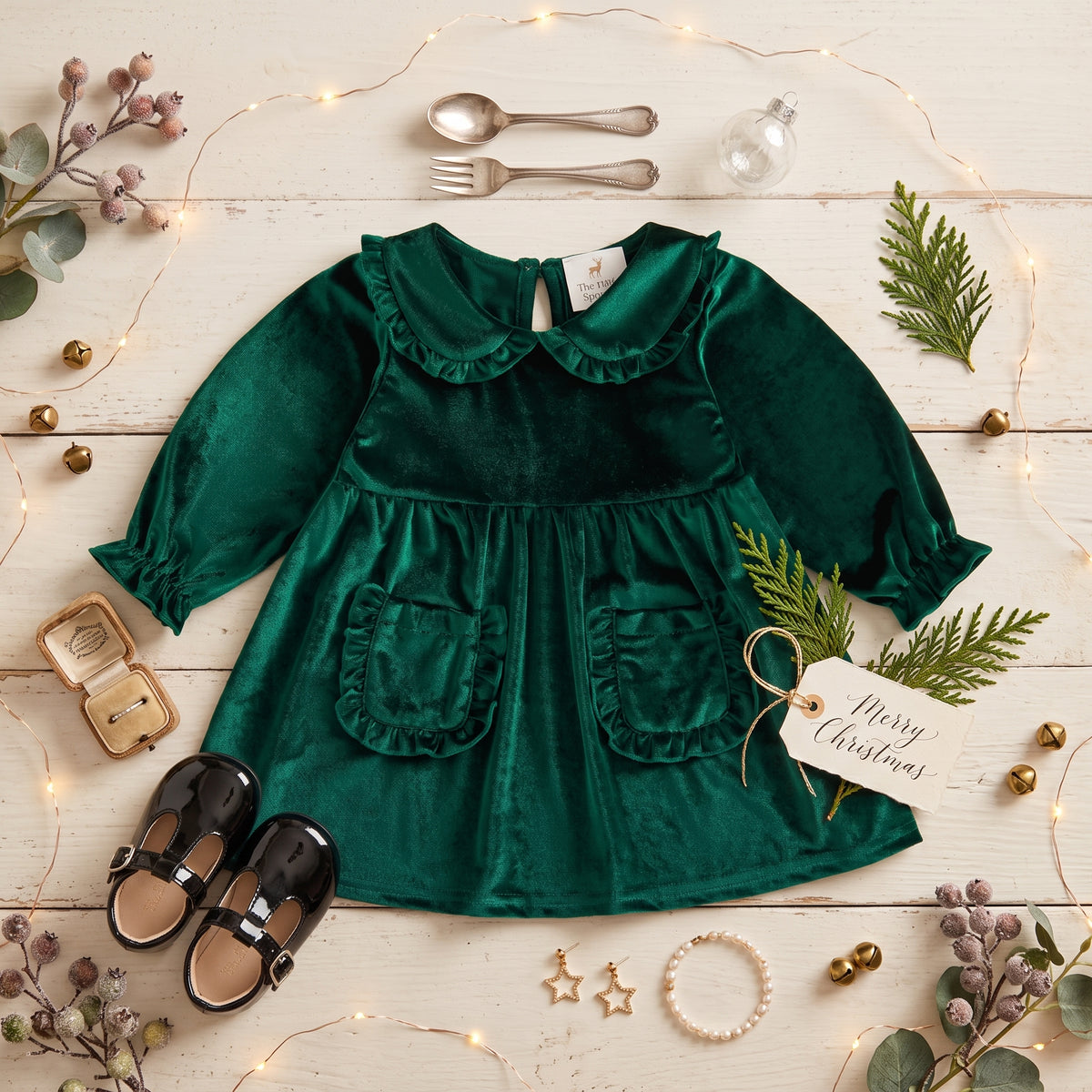 Toddler & Little Girls Emerald Green Velvet Christmas Dress - Long Sleeve Peter Pan Collar Holiday Party Dress with Pockets (12M-3T)
