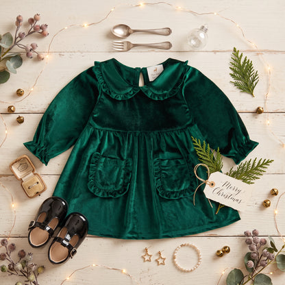 Toddler & Little Girls Emerald Green Velvet Christmas Dress - Long Sleeve Peter Pan Collar Holiday Party Dress with Pockets (12M-3T)