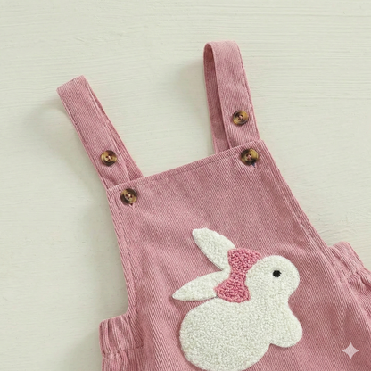 Baby Girl Easter Bunny Embroidered Corduroy Romper - Pink Sleeveless Jumpsuit Overalls, (0-18M)