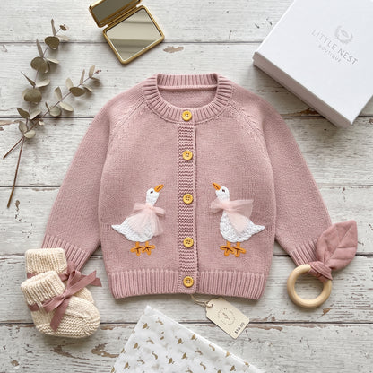 Baby & Toddler Girls Knit Cardigan Sweater - Embroidered Goose Button-Down (6M-3T)