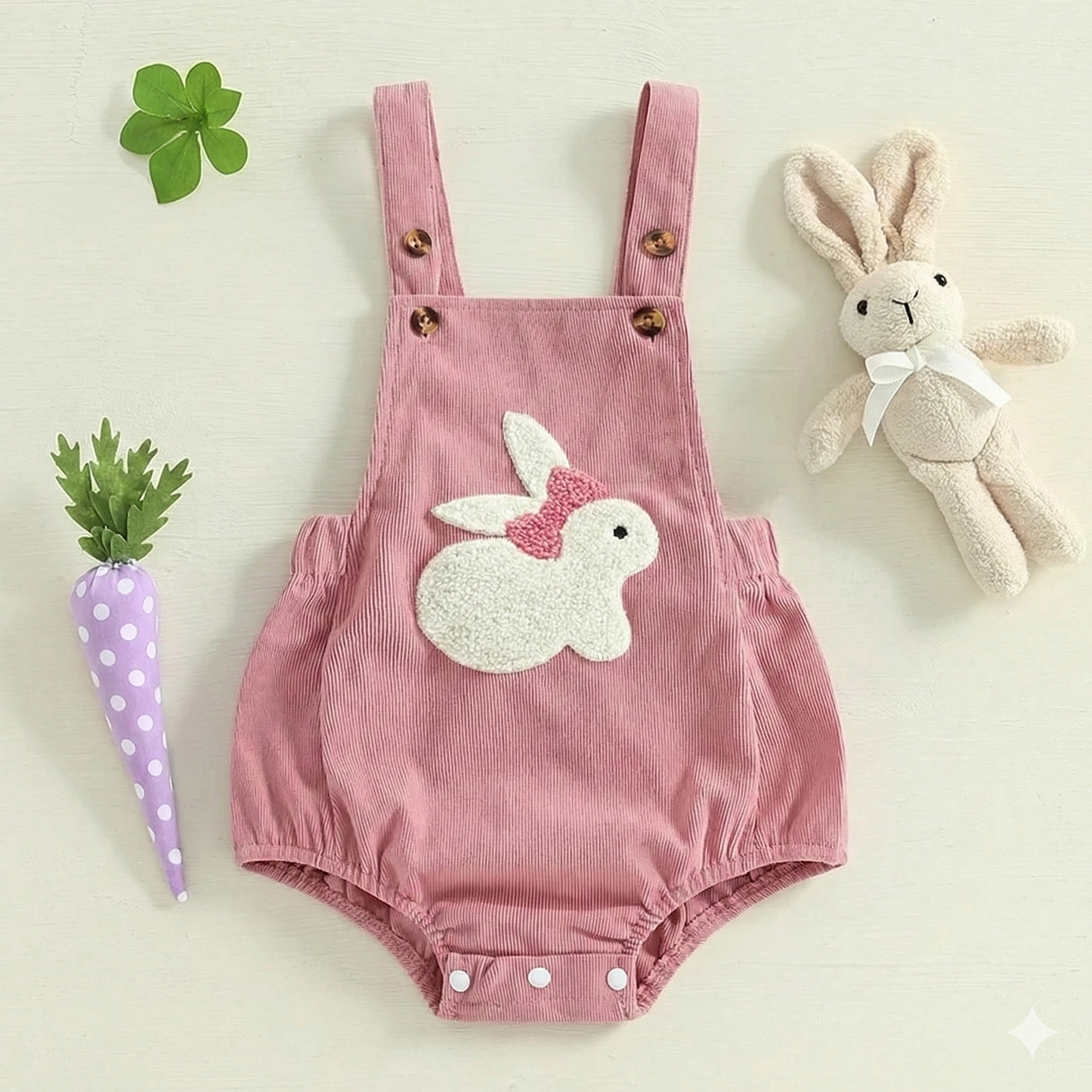 Baby Girl Easter Bunny Embroidered Corduroy Romper - Pink Sleeveless Jumpsuit Overalls, (0-18M)