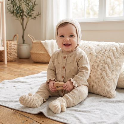 Baby Girl Knit Jumpsuit with Matching Bonnet - Soft Cotton Romper Set (3-24M)