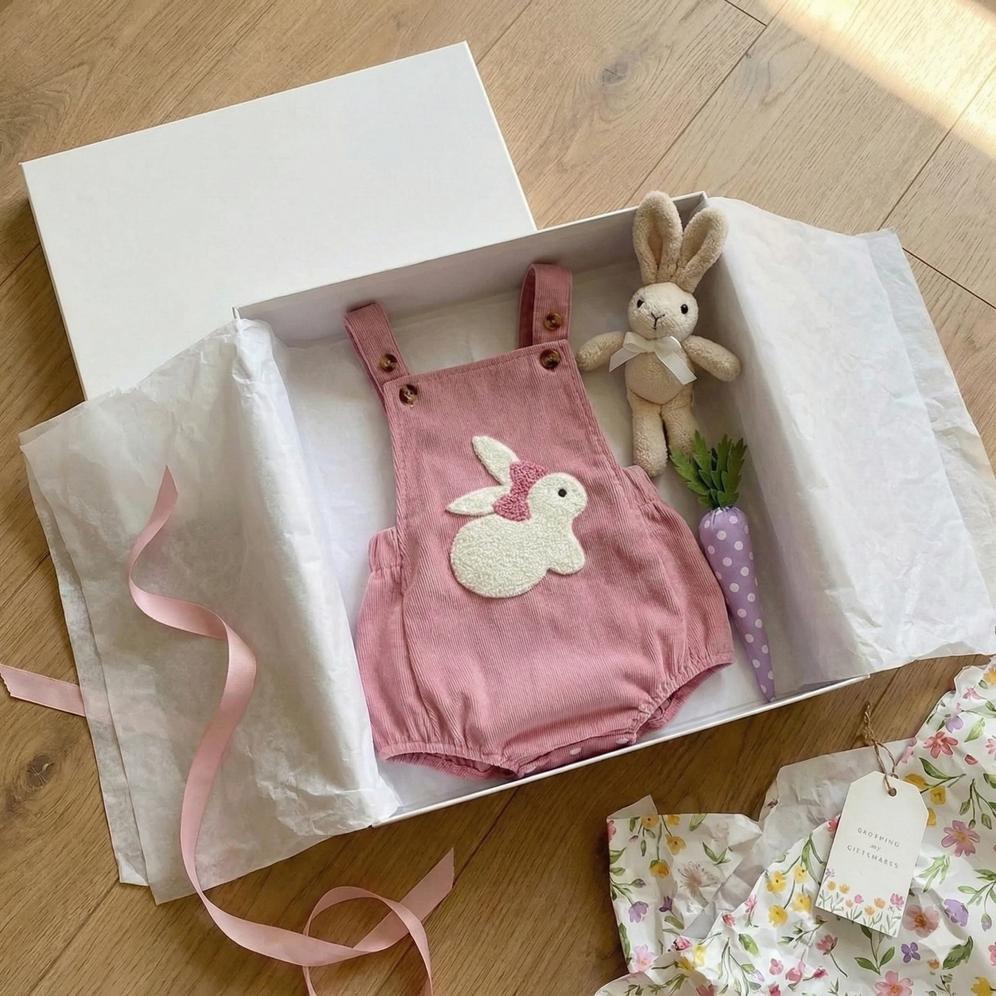 Baby Girl Easter Bunny Embroidered Corduroy Romper - Pink Sleeveless Jumpsuit Overalls, (0-18M)