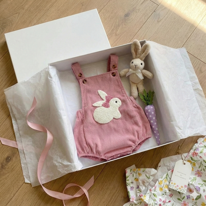 Baby Girl Easter Bunny Embroidered Corduroy Romper - Pink Sleeveless Jumpsuit Overalls, (0-18M)
