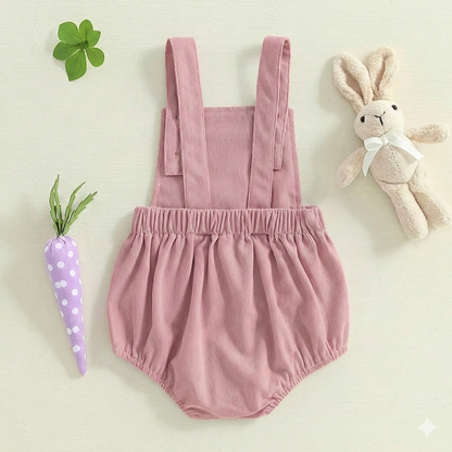 Baby Girl Easter Bunny Embroidered Corduroy Romper - Pink Sleeveless Jumpsuit Overalls, (0-18M)