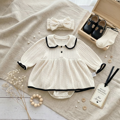 Baby Girl Long Sleeve Cable Knit Sweater Romper Dress with Peter Pan Collar (3-24M)
