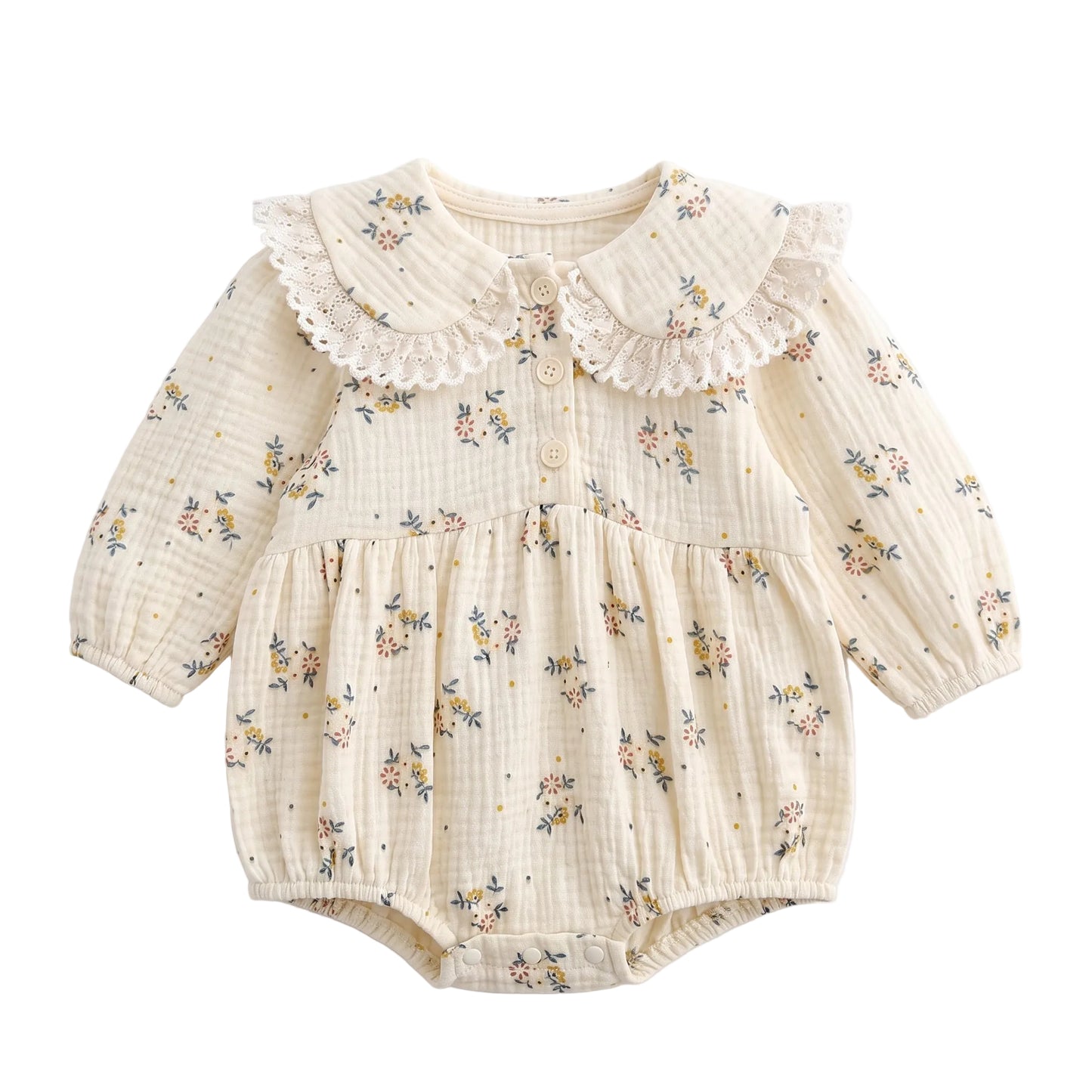 Baby Girl Floral Muslin Cotton Gauze Long Sleeve Bubble Romper – Vintage-Inspired Lace Collar Infant Outfit (0-24M)