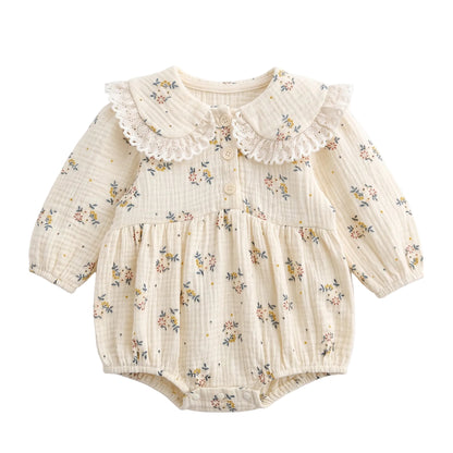 Baby Girl Floral Muslin Cotton Gauze Long Sleeve Bubble Romper – Vintage-Inspired Lace Collar Infant Outfit (0-24M)