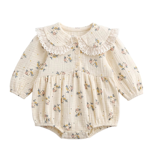 Baby Girl Floral Muslin Cotton Gauze Long Sleeve Bubble Romper – Vintage-Inspired Lace Collar Infant Outfit (0-24M)