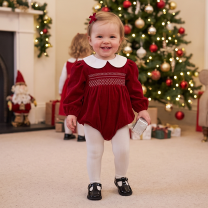 Baby Girl Red Christmas Bubble Romper | Smocked Holiday Outfit with Collar (3-24M)