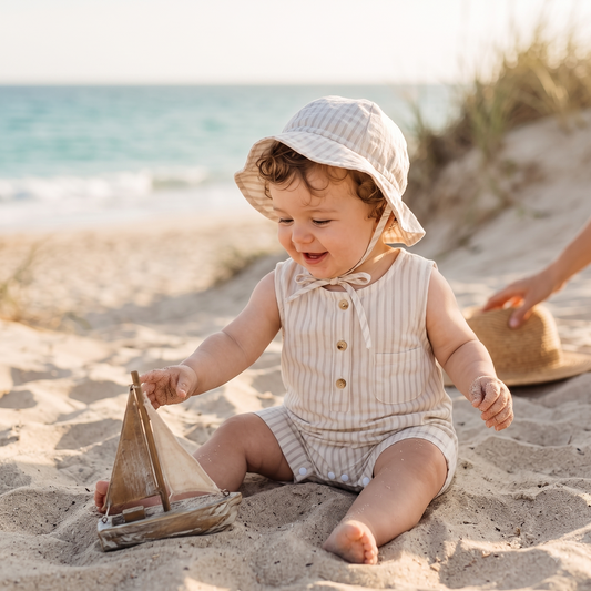 Neutral Ticking-Stripe Sleeveless Baby Romper with Matching Sun Hat (0-24M)