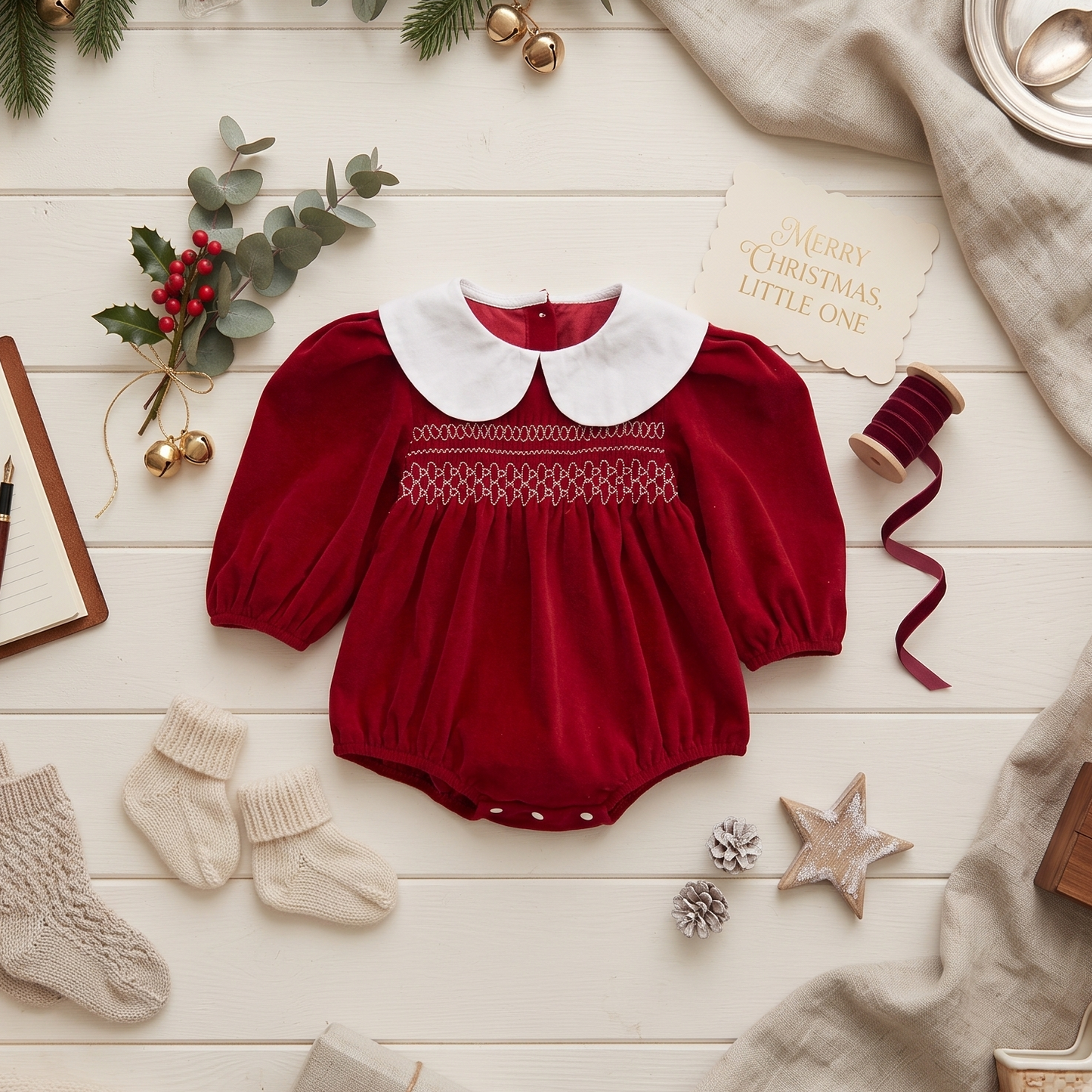 Baby Girl Red Christmas Bubble Romper | Smocked Holiday Outfit with Collar (3-24M)
