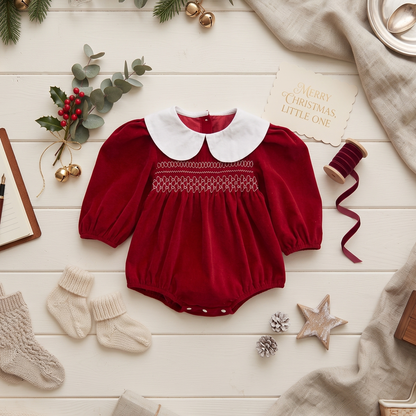 Baby Girl Red Christmas Bubble Romper | Smocked Holiday Outfit with Collar (3-24M)