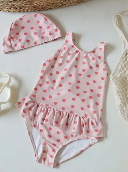 Toddler & Girls Heart Print Ruffle One-Piece Swimsuit with Matching Swim Cap (12M-8Y)