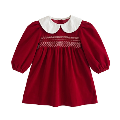 Toddler Girl Red Christmas Dress | Smocked Holiday Outfit with Collar (2-6T)