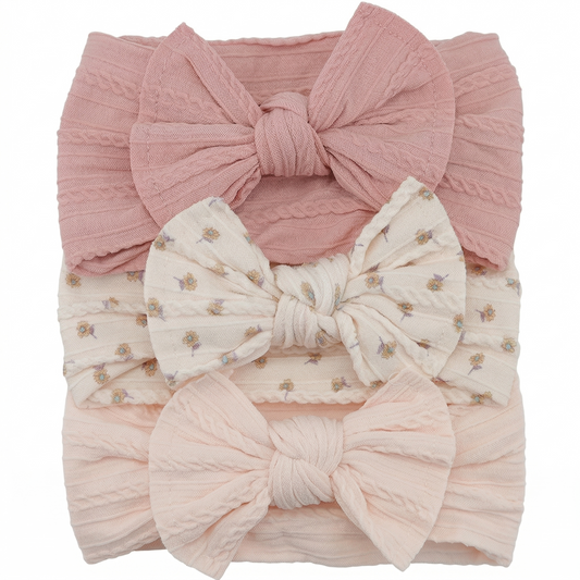 3-Pack Baby Nylon Headbands - Soft Cable Knit Stretchy Bows for Infants & Toddlers (0-3T)