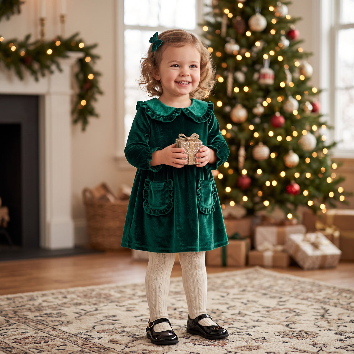 Toddler & Little Girls Emerald Green Velvet Christmas Dress - Long Sleeve Peter Pan Collar Holiday Party Dress with Pockets (12M-3T)